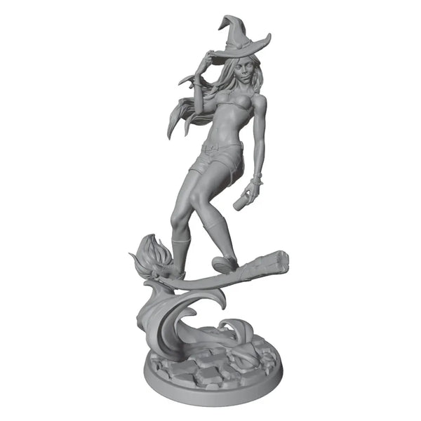 75mm Witch on Broomstick with Imp Familiar, Resin Model Figure Kit, Fantasy Theme, Unassembled and Unpainted