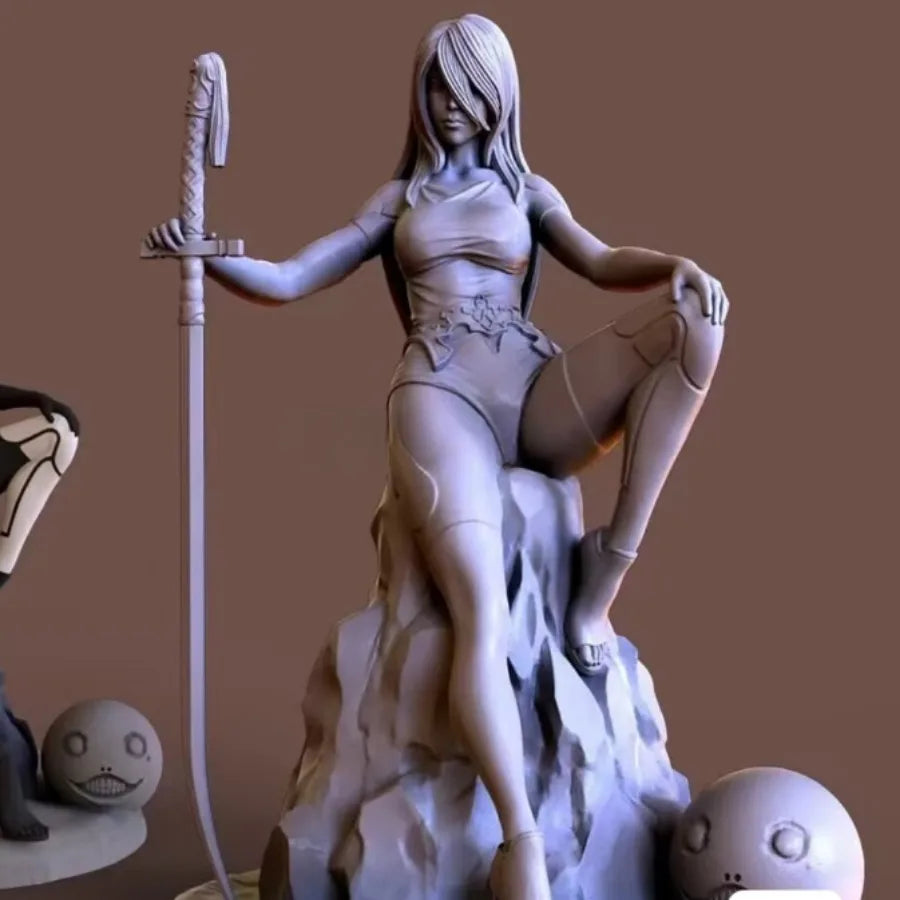 75mm Medieval Sorceress Wielding Staff on Stone Base, Resin Model Figure Kit, Unassembled and Unpainted