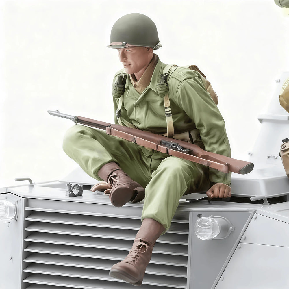 WWII British Infantryman Seated on Supply Crate, Resin Model Figure Kit, Unassembled and Unpainted