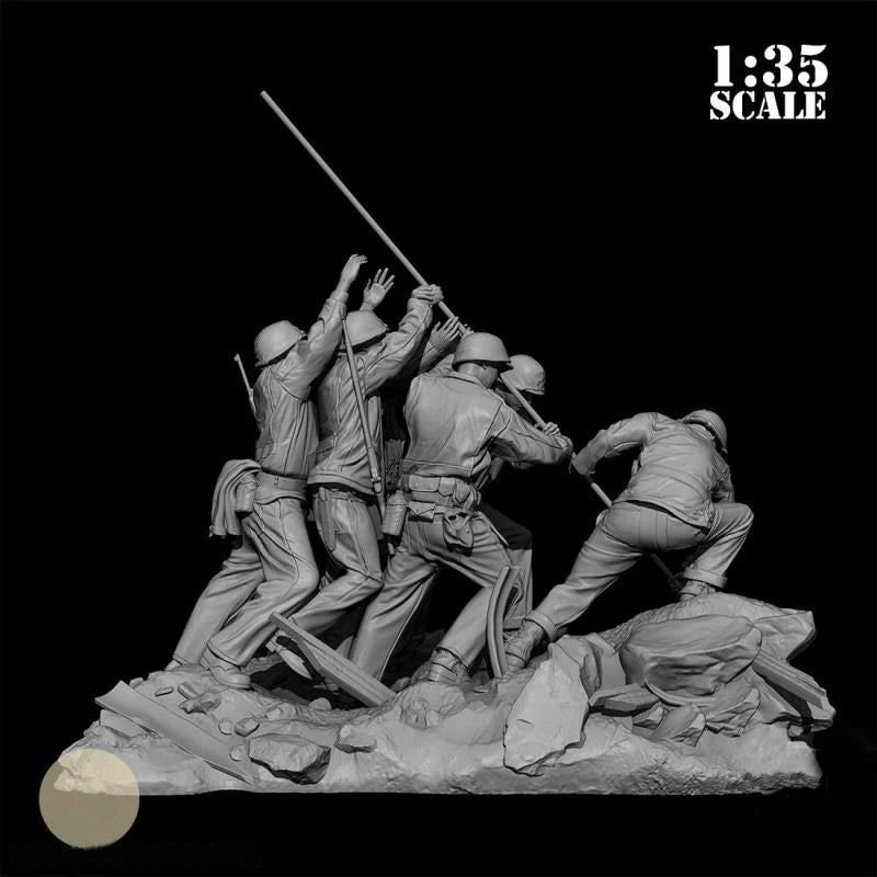 1/35 WWII US Infantry Raising American Flag, 6 Figures, Resin Model Figure Kit, Unassembled and Unpainted
