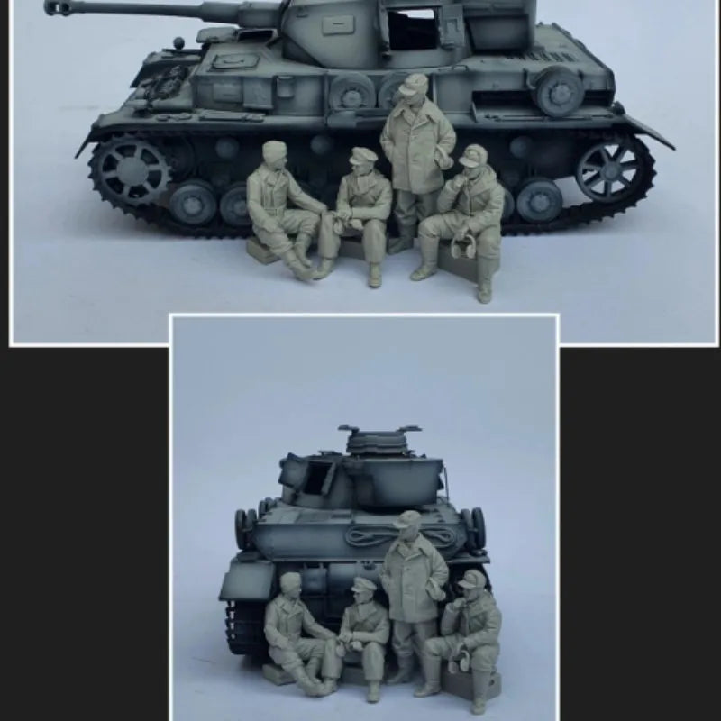 1/35 WWII Panzer Tank with Crew, 4 Figures, Resin Model Diorama Kit, Unassembled and Unpainted