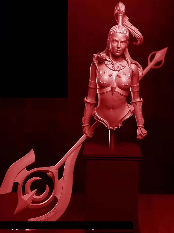 1/10 Eastern Warrior with Spiral Staff and Top-Knot, Resin Model Bust Kit, Fantasy Theme, Unassembled and Unpainted