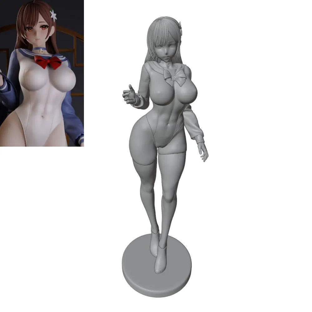1/24 Standing Female with Bangs and Raised Hand, Resin Model Figure Kit, Unassembled and Unpainted