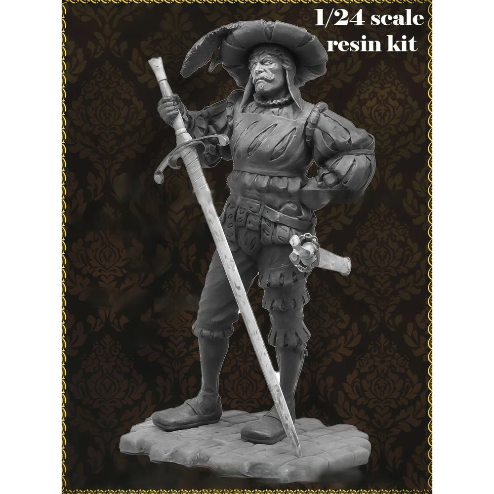 1/24 Warrior with Feathered Hat and Longsword, Resin Model Figure Kit, Fantasy Theme, Unassembled and Unpainted