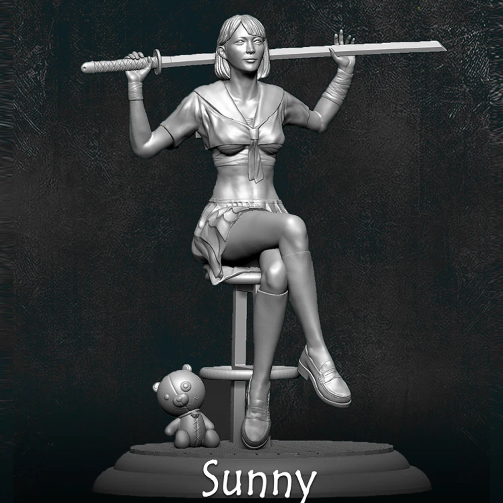 1/35 Seated JK Girl with Staff, Resin Model Figure Kit, Anime Theme, Unassembled and Unpainted