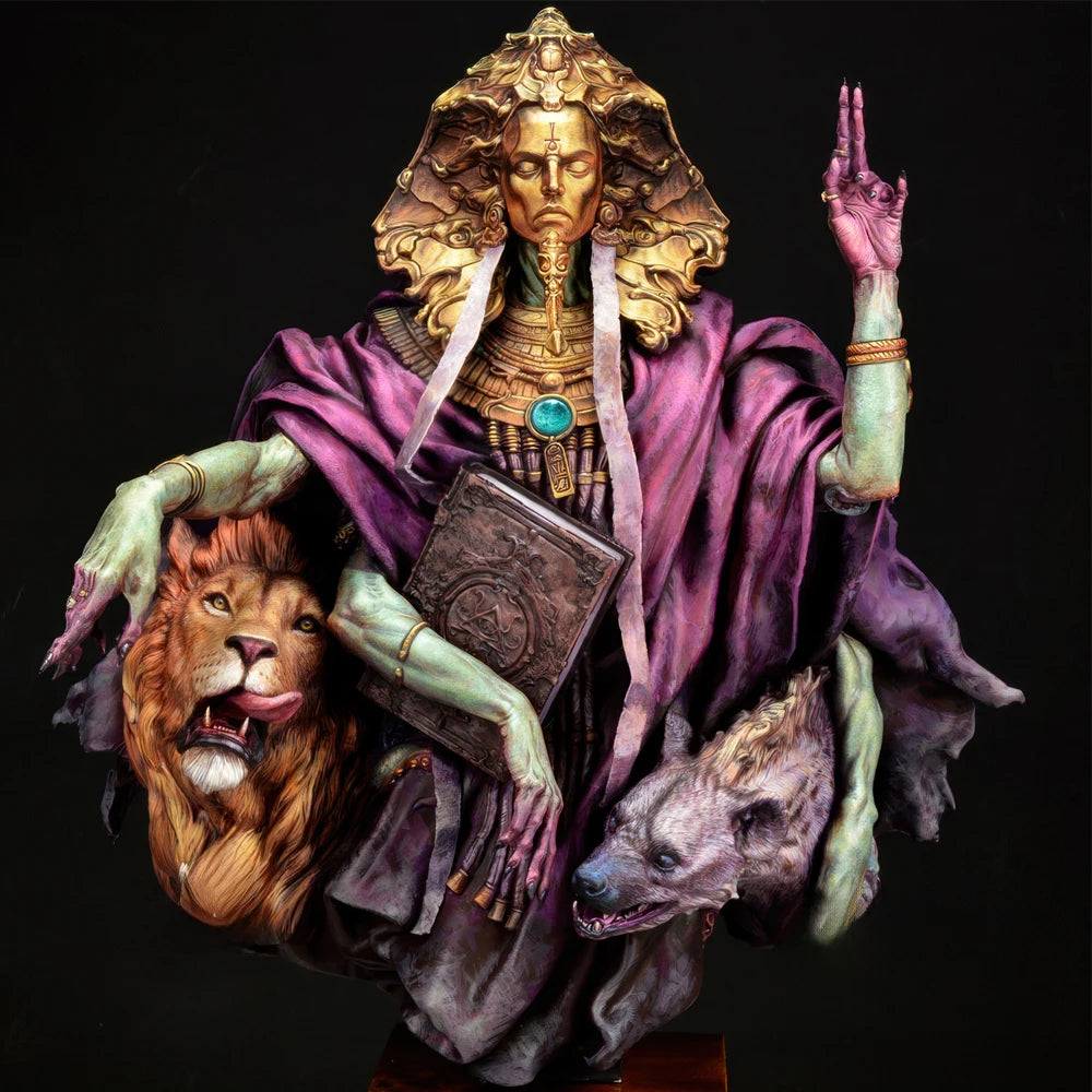 1/12 Wizard with Lion & Wolf, Resin Model Bust Kit, Fantasy Theme, Unassembled and Unpainted