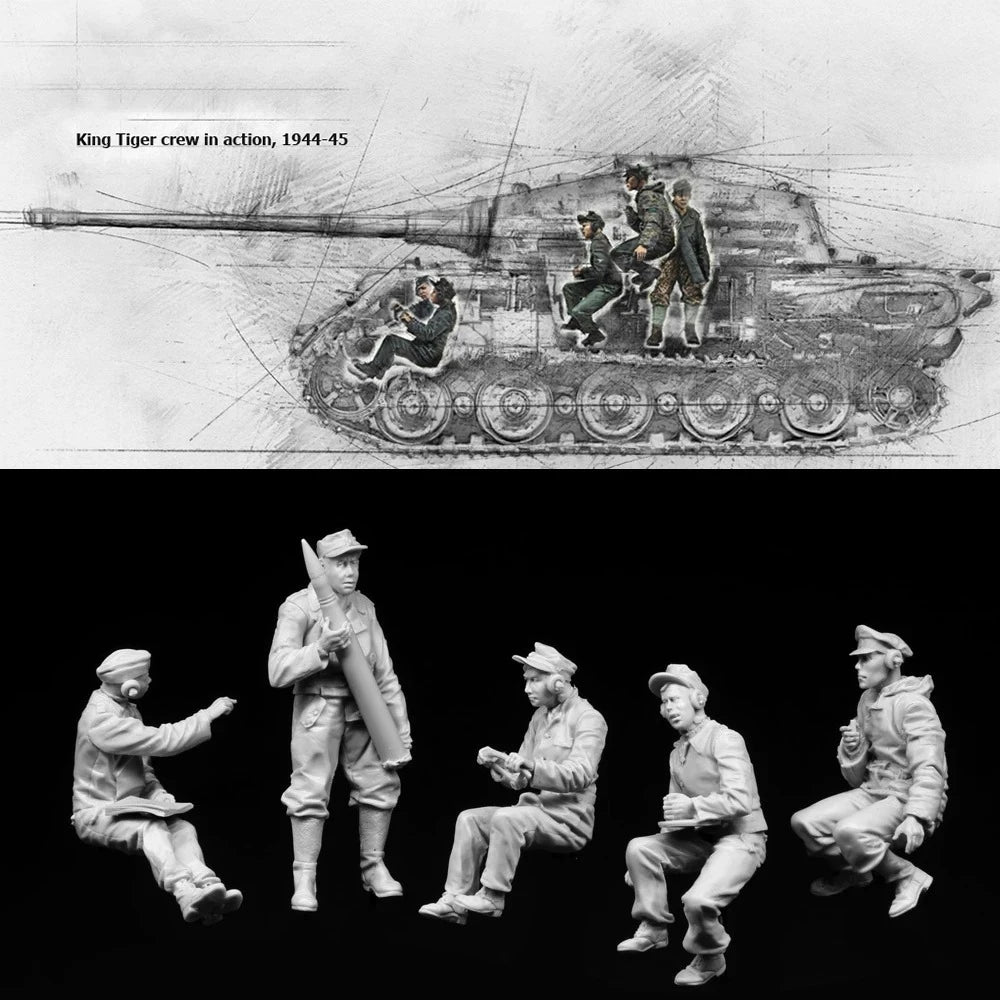 1/35 WWII German Soldiers & King Tiger Crew, 6 Figures, Resin Model Figure Kit, Unassembled and Unpainted