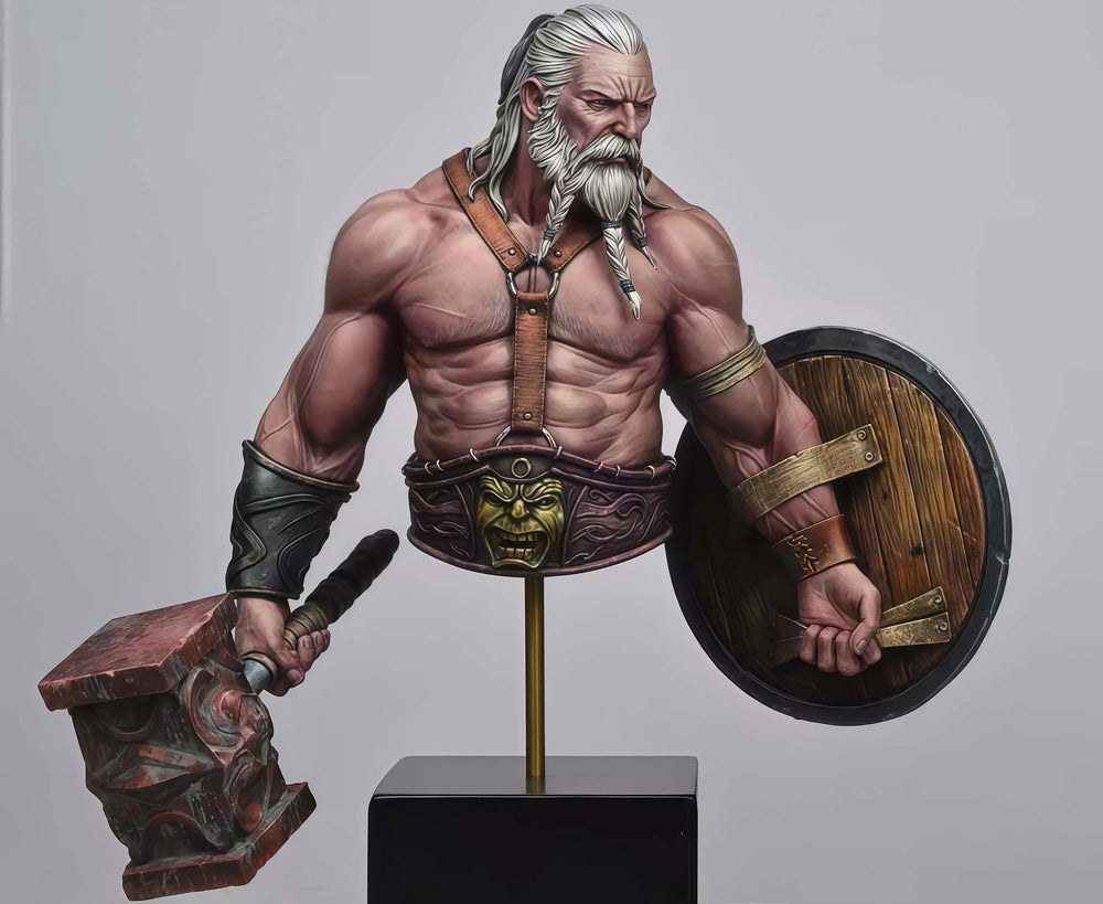 1/10 Medieval Bearded Viking Warrior with Skull-Shield and Axe, Resin Model Bust Kit, Unassembled and Unpainted