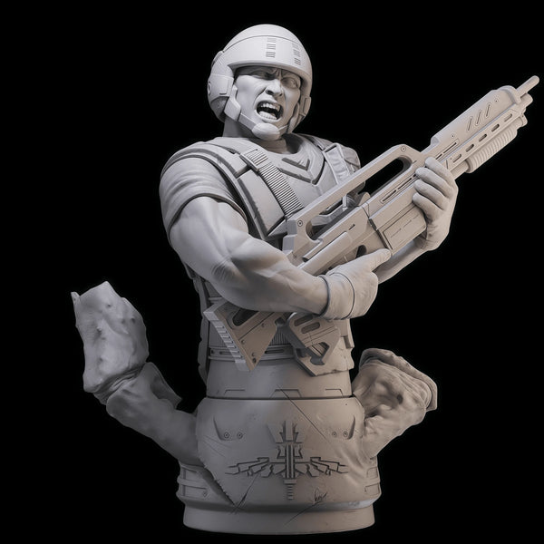 1/10 Modern Combat Soldier with Raised Rifle, Resin Model Bust Kit, Unassembled and Unpainted