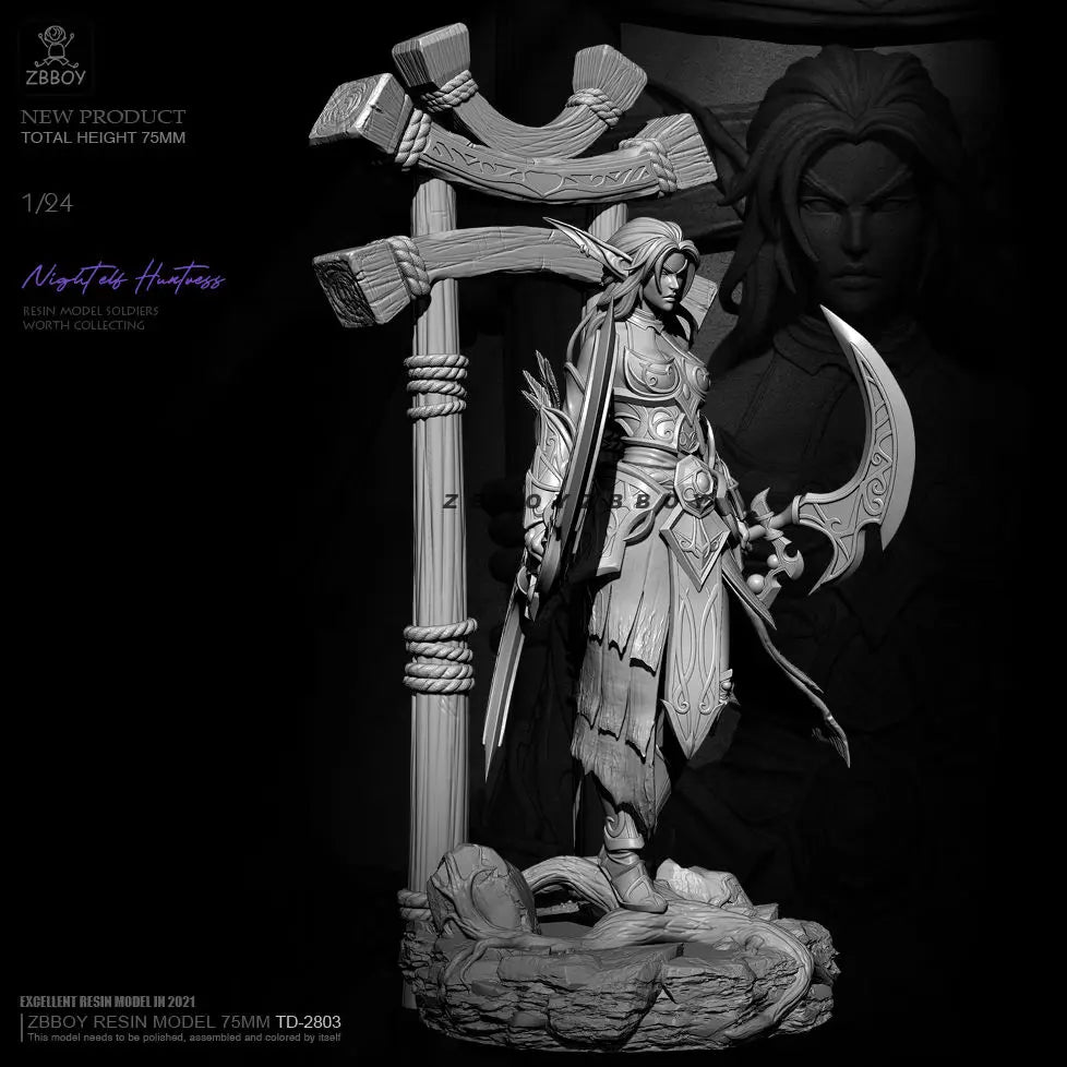 75mm Night Elf Female Hunter, Resin Model Figure Kit, Fantasy Theme, Unassembled and Unpainted