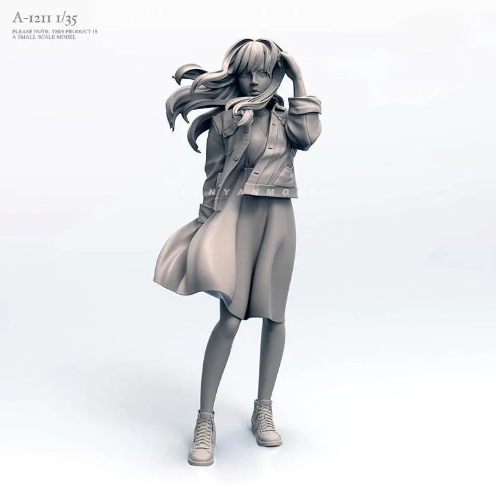 1/35 Girl with Wind-Blown Hair, Resin Model Figure Kit, Anime Theme, Unassembled and Unpainted