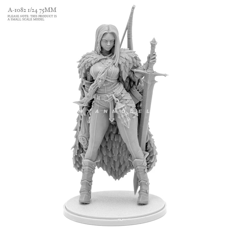 1/24 Medieval Female Barbarian with Fur-Trimmed Armor and Greatsword, Resin Model Figure Kit, Unassembled and Unpainted
