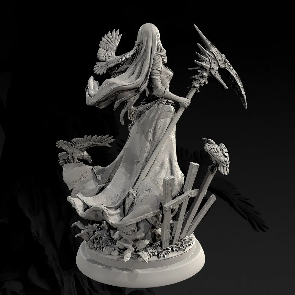75mm Sorceress with Scythe and Raven Familiars, Resin Model Figure Kit, Fantasy Theme, Unassembled and Unpainted