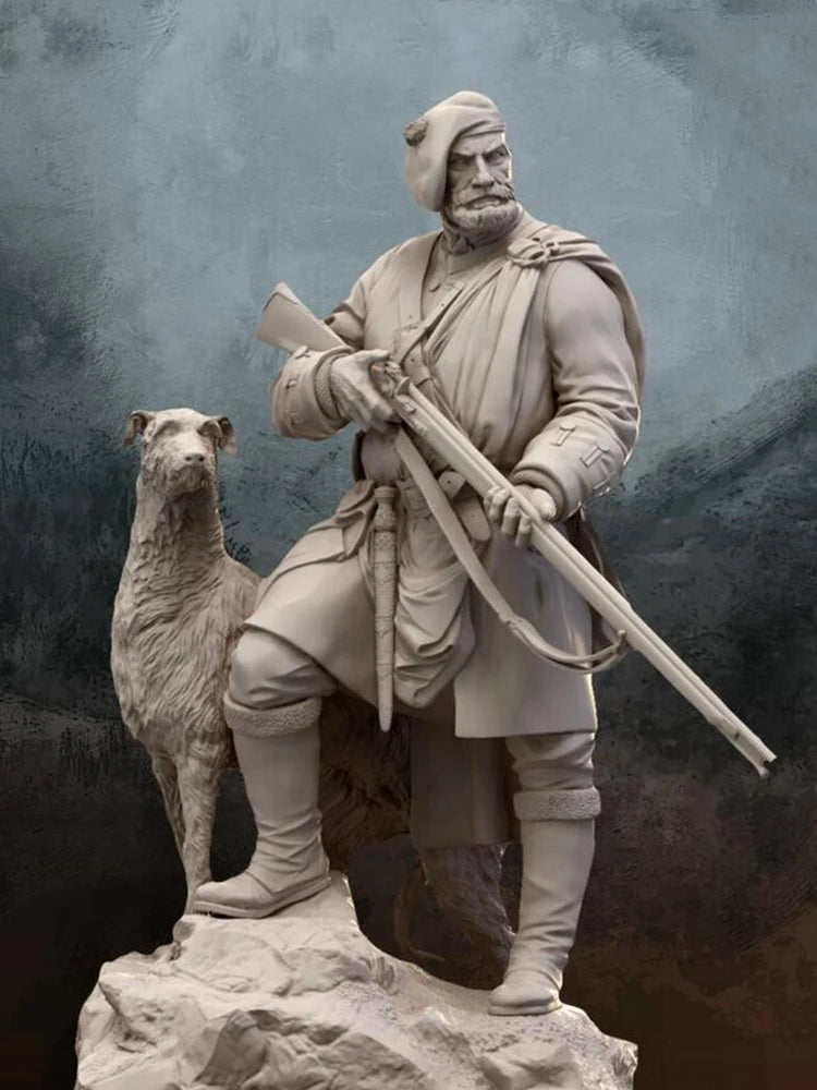 1/24 Medieval Scottish Highlander with Musket and Dog, Resin Model Figure Kit, Unassembled and Unpainted