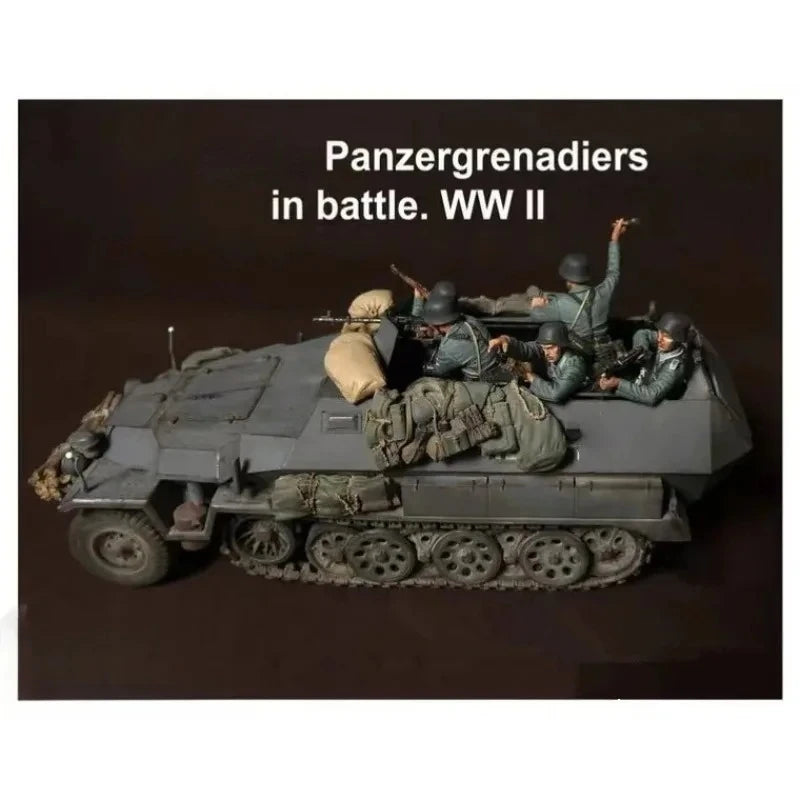 Five painted 1/35 Panzergrenadier resin figures posed on a halftrack