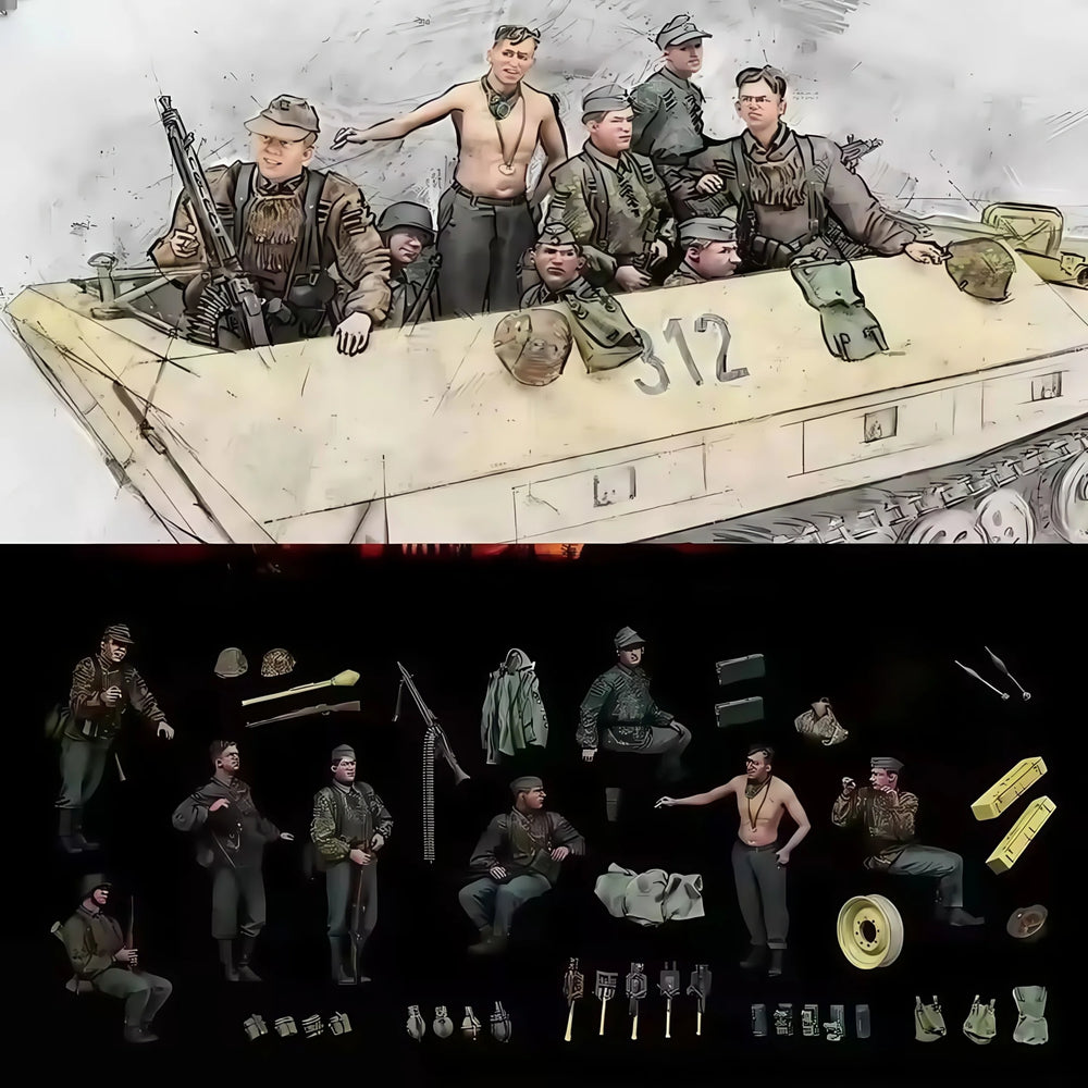 1/35 WWII German Armored Squad, 8 Figures, Resin Model Figure Kit, Unassembled and Unpainted