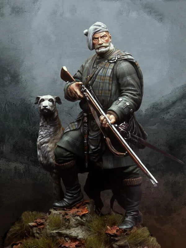 1/24 Medieval Scottish Highlander with Musket and Dog, Resin Model Figure Kit, Unassembled and Unpainted