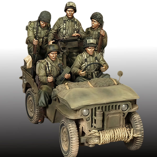 1/35 WWII Infantry Squad Assaulting with Armed Jeep, 5 Figures, Resin Model Diorama Kit, Unassembled and Unpainted