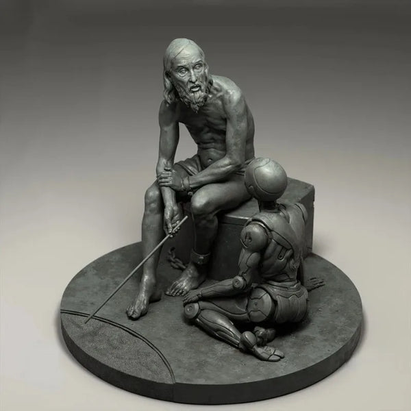 1/24 Future Old Man & Robot Conversation, 2 Figures, Resin Model Diorama Kit, Fantasy Theme, Unassembled and Unpainted