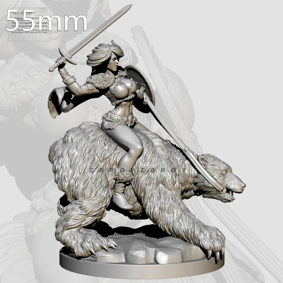 55mm Medieval Female Warrior on Beast Mount, Resin Model Figure Kit, Unassembled and Unpainted