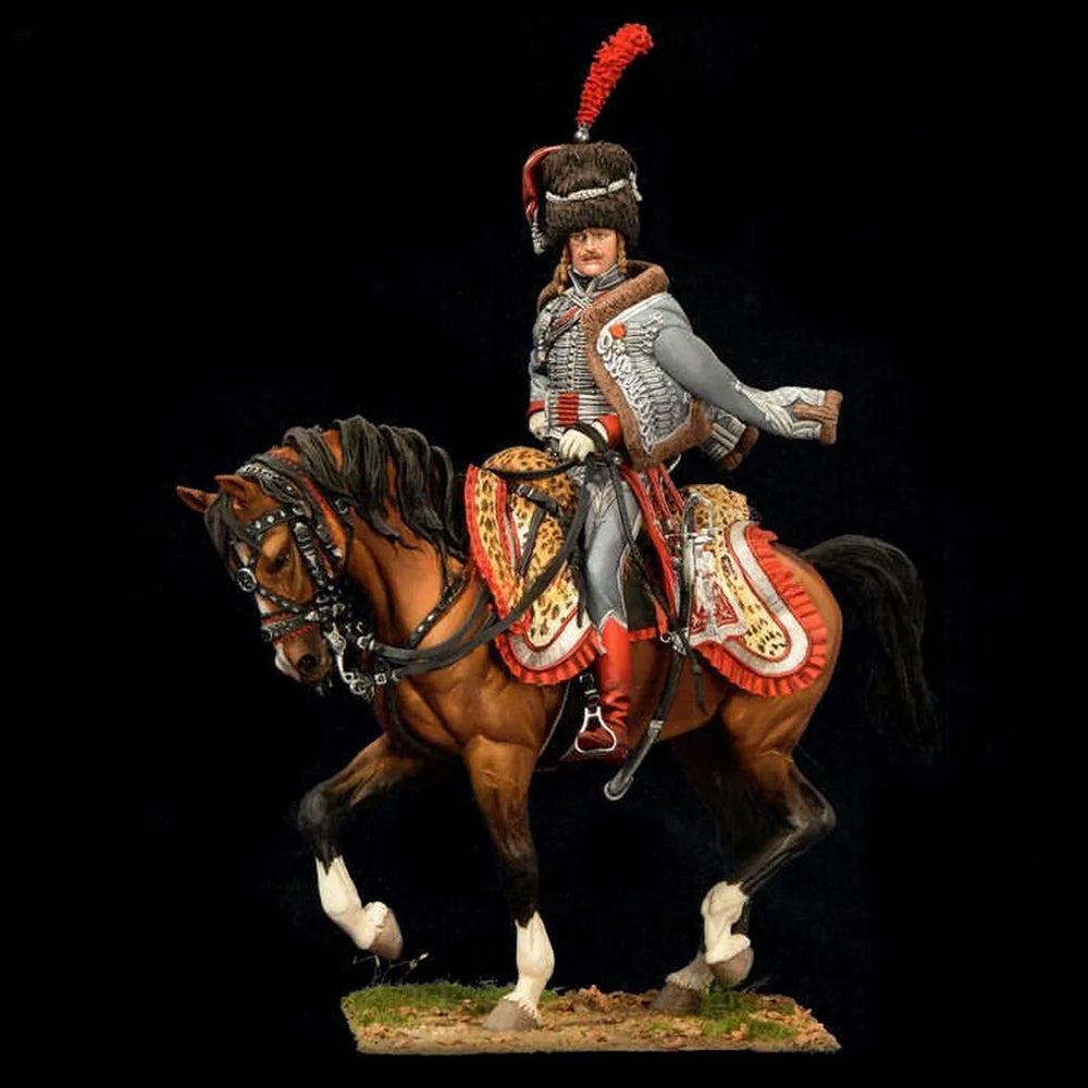 90mm Napoleonic French Hussar Officer Mounted, Resin Model Figure Kit, Unassembled and Unpainted