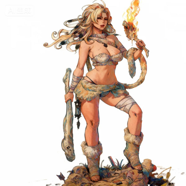 38mm Barbarian Sorceress with Flaming Staff and Fur Boots, Resin Model Figure Kit, Unassembled and Unpainted