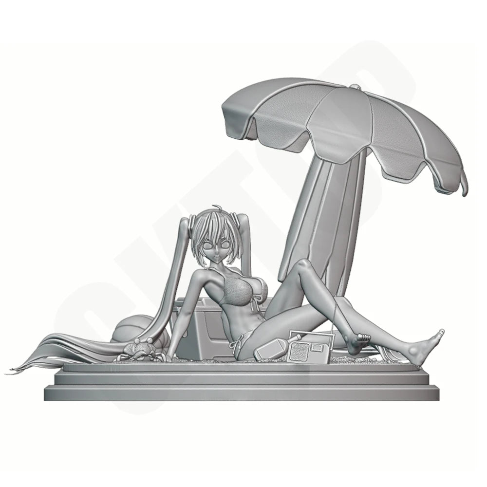 1/24 Pin-up Woman Reclining Under Beach Umbrella, Resin Model Figure Kit, Unassembled and Unpainted