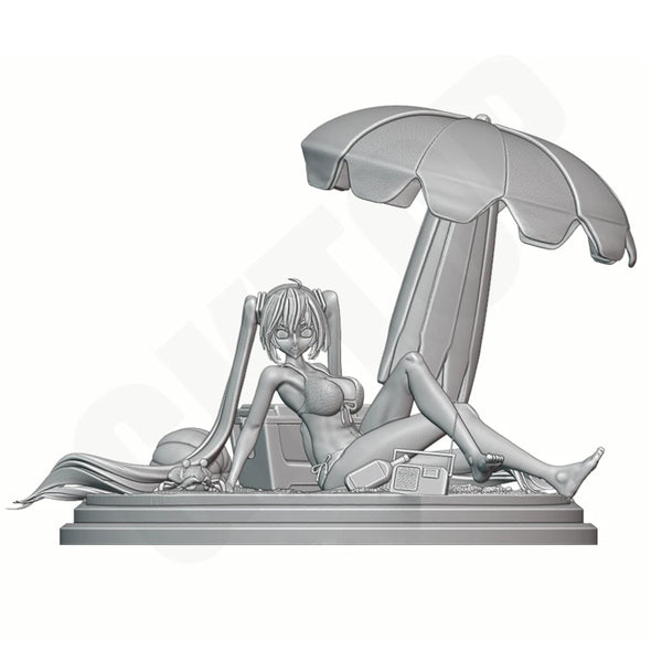 1/24 Pin-up Woman Reclining Under Beach Umbrella, Resin Model Figure Kit, Unassembled and Unpainted