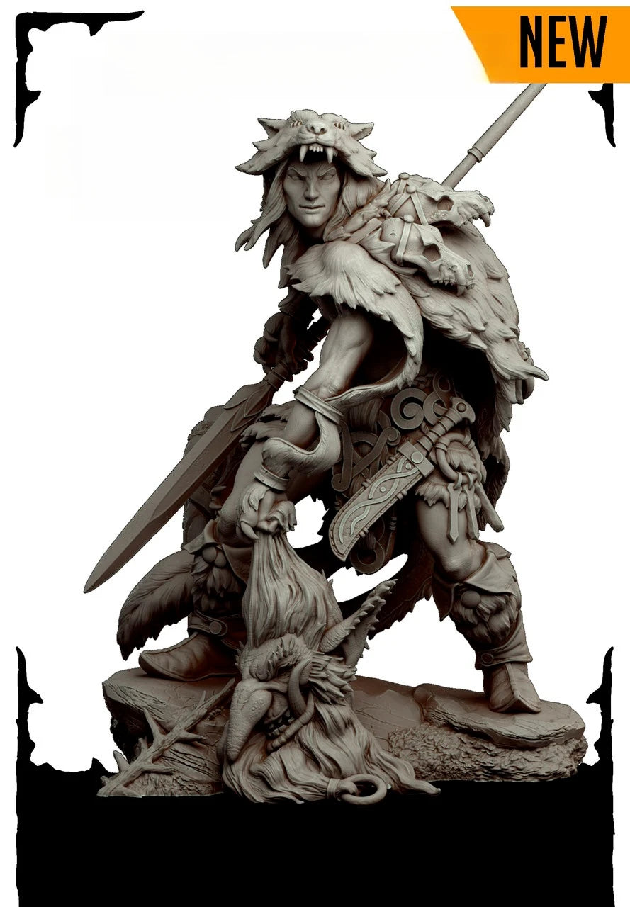 1/24 Spiky-Haired Barbarian Warrior on Scaled Mount, Resin Model Figure Kit, Fantasy Theme, Unassembled and Unpainted