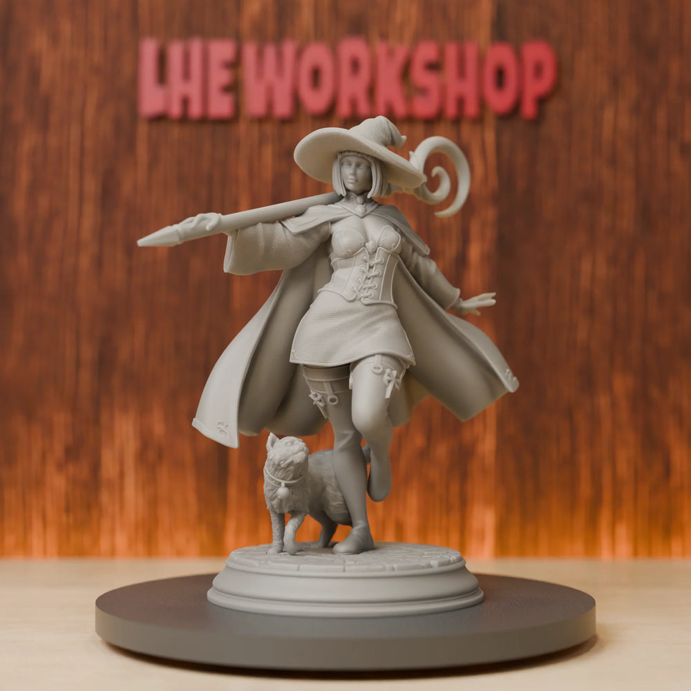 75mm Witch & Familiar Cat, 2 Figures, Resin Model Figure Kit, Fantasy Theme, Unassembled and Unpainted