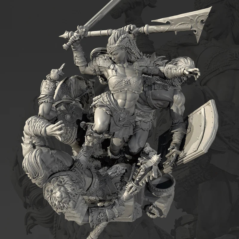 115mm Warriors Combat, 3 Figures, Resin Model Diorama Kit, Fantasy Theme, Unassembled and Unpainted