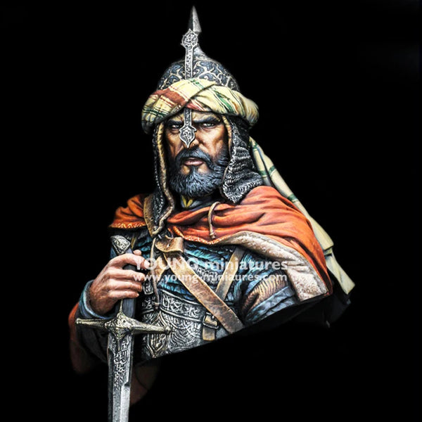 1/10 Medieval Arabian Warrior in Ornate Spiked Helm with Orange Cape, Resin Model Bust Kit, Unassembled and Unpainted