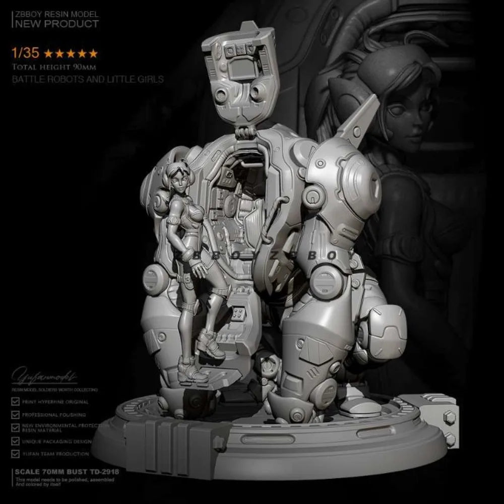 1/35 Mecha Robot with Girl, 2 Figures, Resin Model Figure Kit, Sci-Fi Theme, Unassembled and Unpainted