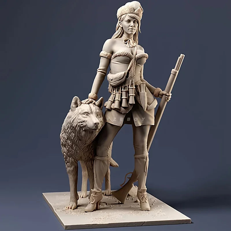 1/24 Female Hunter with War Dog, 2 Figures, Resin Model Figure Kit, Fantasy Theme, Unassembled and Unpainted