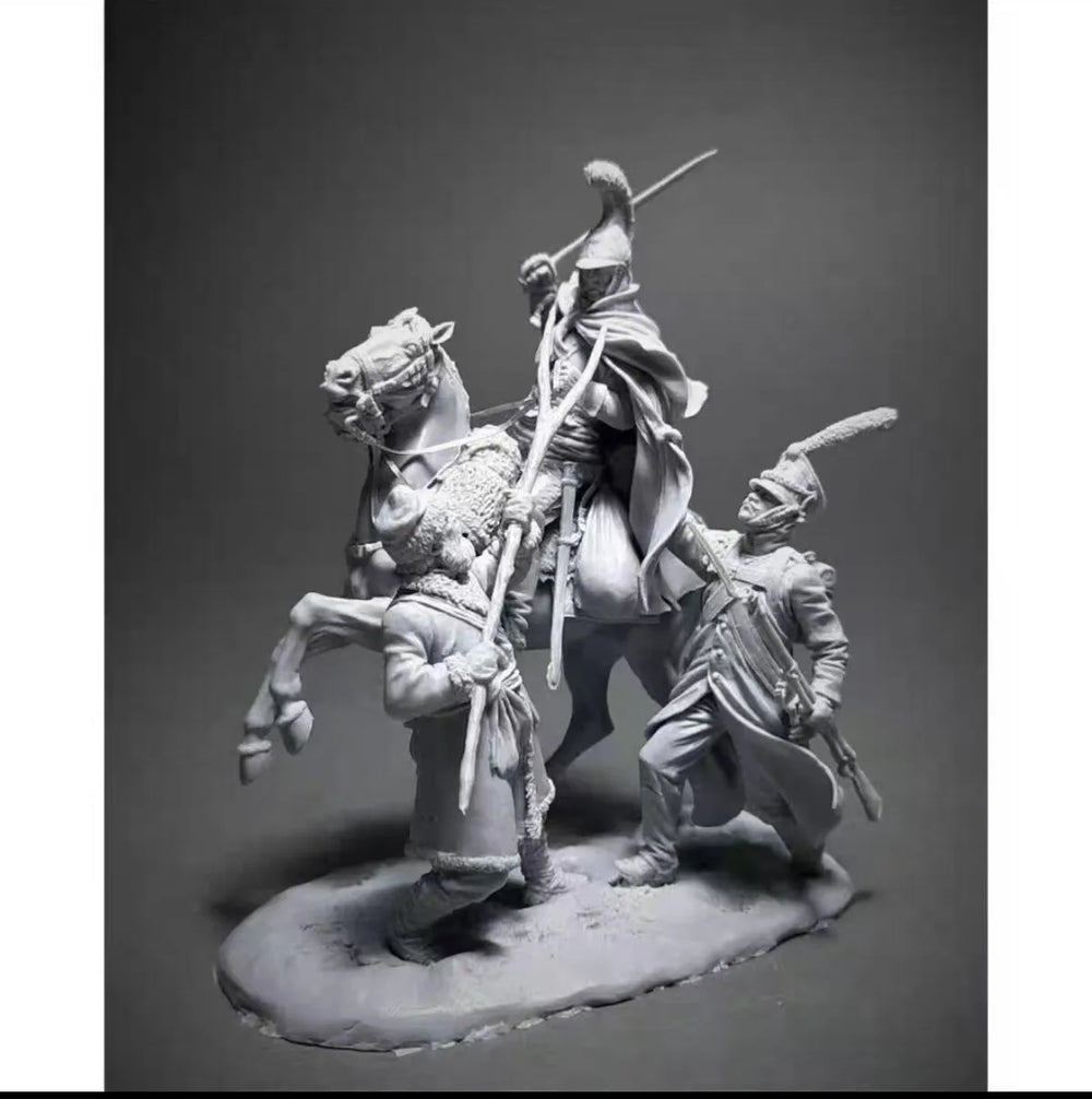 1/32 Napoleonic Cavalry Officer on Rearing Horse, 3 Figures, Resin Model Figure Kit, Unassembled and Unpainted