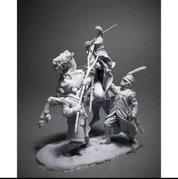 1/32 Napoleonic Cavalry Officer on Rearing Horse, 3 Figures, Resin Model Figure Kit, Unassembled and Unpainted