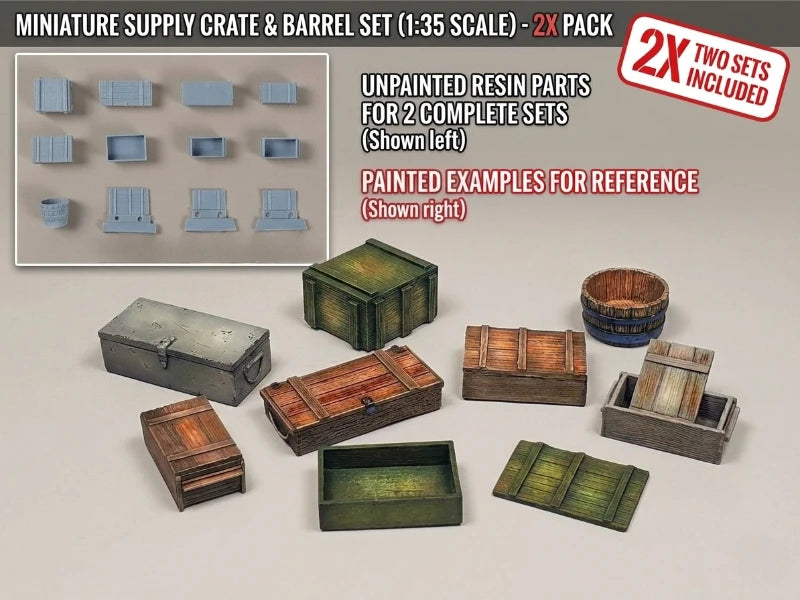 1/35 WWII Supply Crates & Barrels, Resin Model Accessory Kit, Unpainted
