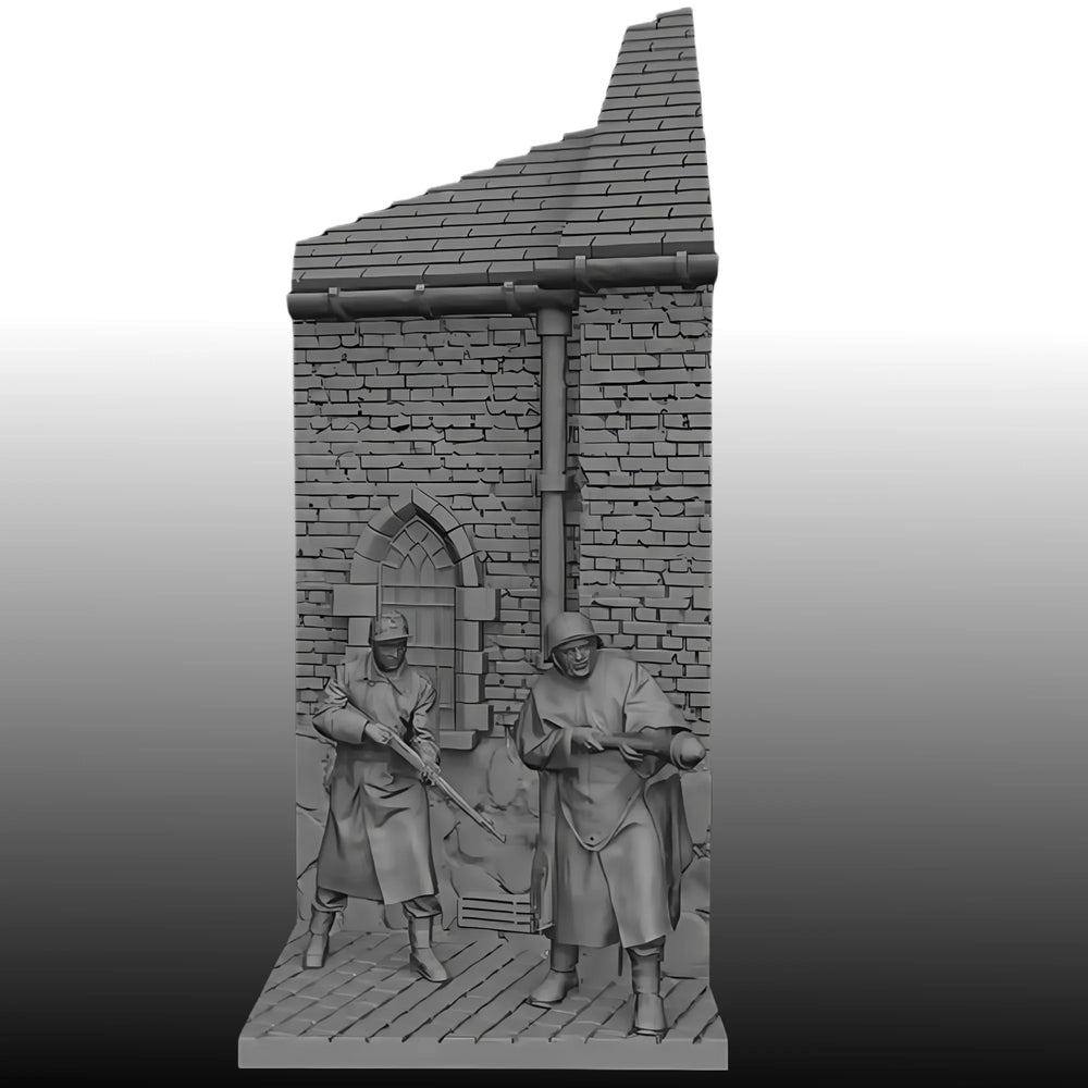 1/35 WWII German Infantry at Fortified Tower, 2 Figures, Resin Model Diorama Kit, Unassembled and Unpainted