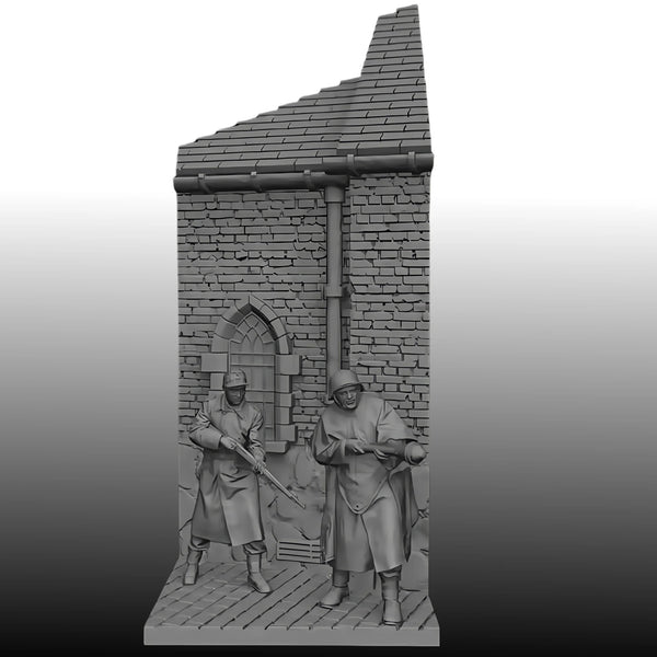 1/35 WWII German Infantry at Fortified Tower, 2 Figures, Resin Model Diorama Kit, Unassembled and Unpainted