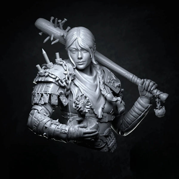 1/12 Female Warrior with Ornate Spiked Armor and Poleaxe, Resin Model Bust Kit, Fantasy Theme, Unassembled and Unpainted