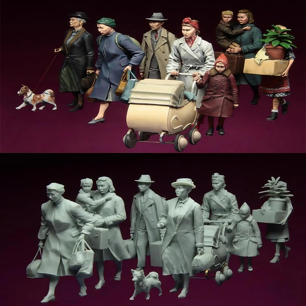 1/35 WWII Refugees and Evacuees, 9 Figures, Resin Model Figure Kit, Unassembled and Unpainted