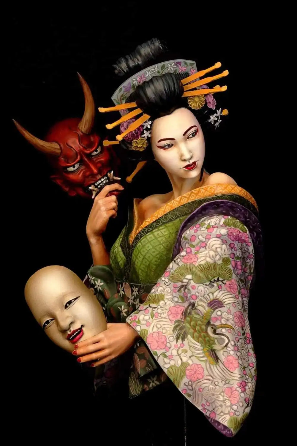 1/9 Female with Oni Mask, Resin Model Bust Kit, Fantasy Theme, Unassembled and Unpainted