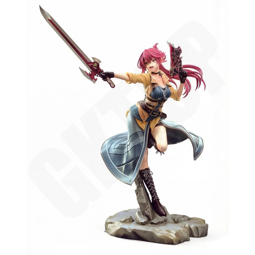 1/24 Magenta-Haired Warrior with Raised Sword, Resin Model Figure Kit, Fantasy Theme, Unassembled and Unpainted