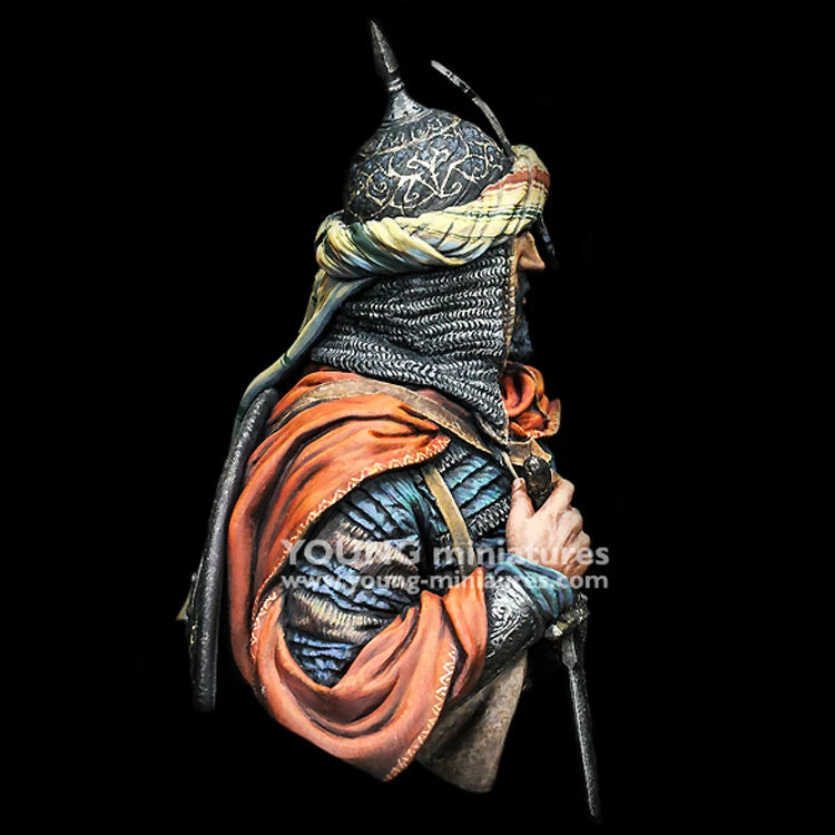 1/10 Medieval Arabian Warrior in Ornate Spiked Helm with Orange Cape, Resin Model Bust Kit, Unassembled and Unpainted
