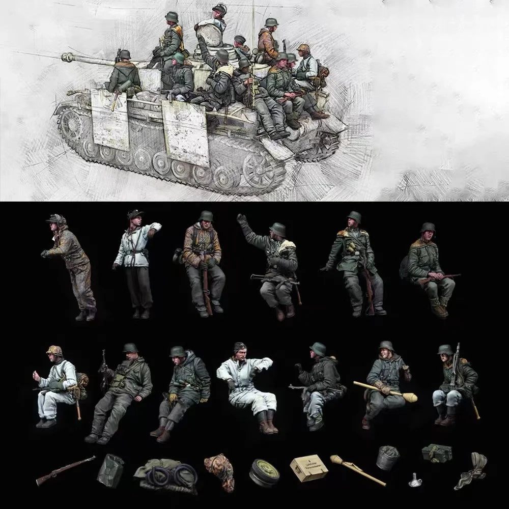 1/35 WWII Soldiers with Base, 13 Figures, Resin Model Figure Kit, Unassembled and Unpainted