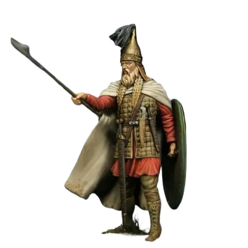 75mm Medieval Celtic Warrior with Pointed Helm and Round Shield, Resin Model Figure Kit, Unassembled and Unpainted