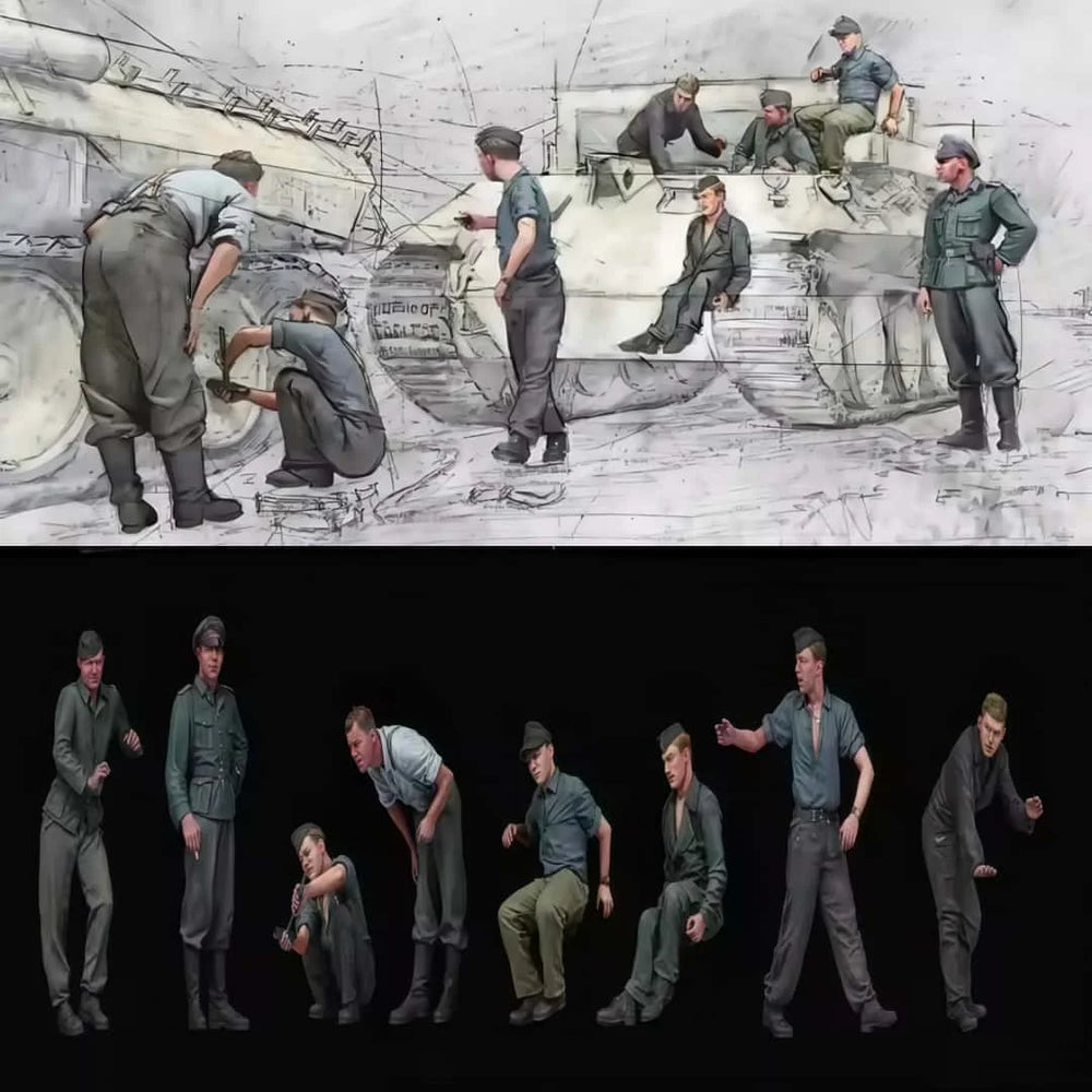 1/35 WWII German Panzer Crew Casual Standing, 8 Figures, Resin Model Figure Kit, Unassembled and Unpainted