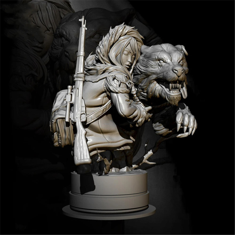 1/12 Ancient Hunter Girl with Wolf, Resin Model Bust Kit, Fantasy Theme, Unassembled and Unpainted