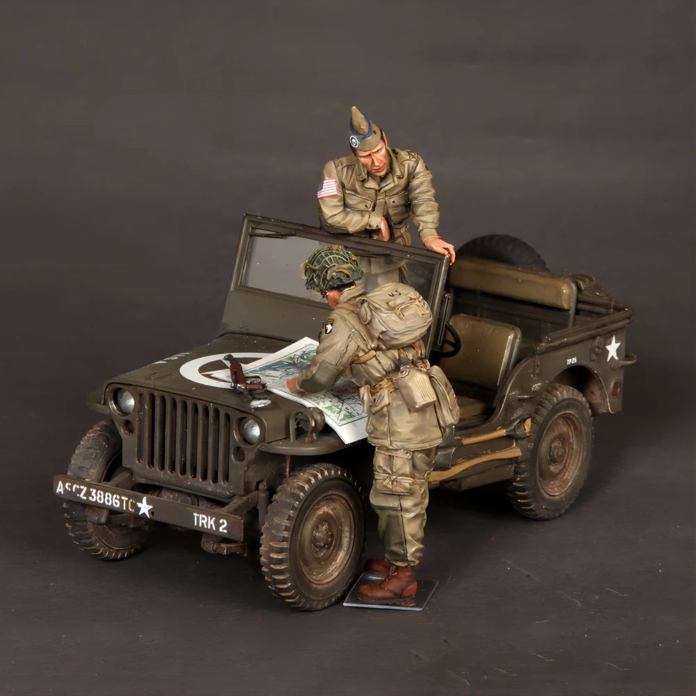 1/35 WWII US Army Soldiers with Willys MB Jeep, 2 Figures, Resin Model Figure Kit, Unassembled and Unpainted
