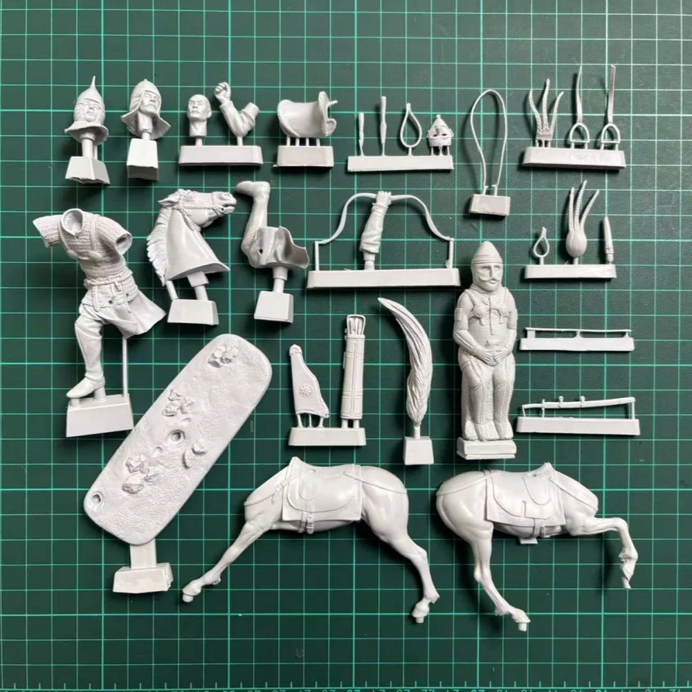 75mm Medieval Kuman Mounted Archer, 3 Figures, Resin Model Diorama Kit, Unassembled and Unpainted